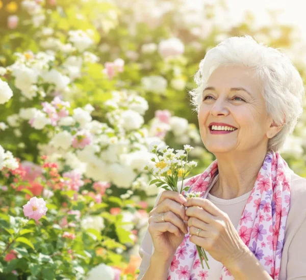 Mujer mayor sonriendo en un jardín lleno de flores blancas y rosas, con luz cálida de fondo.