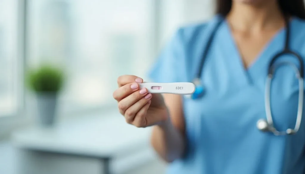 Mujer sosteniendo un kit de test de embarazo con expresión de expectación y tranquilidad