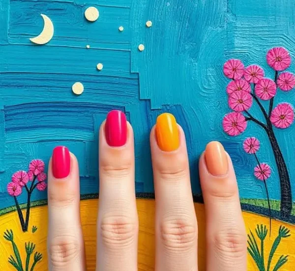 Uñas pintadas en tonos fucsia, naranja y amarillo con fondo artístico colorido.
