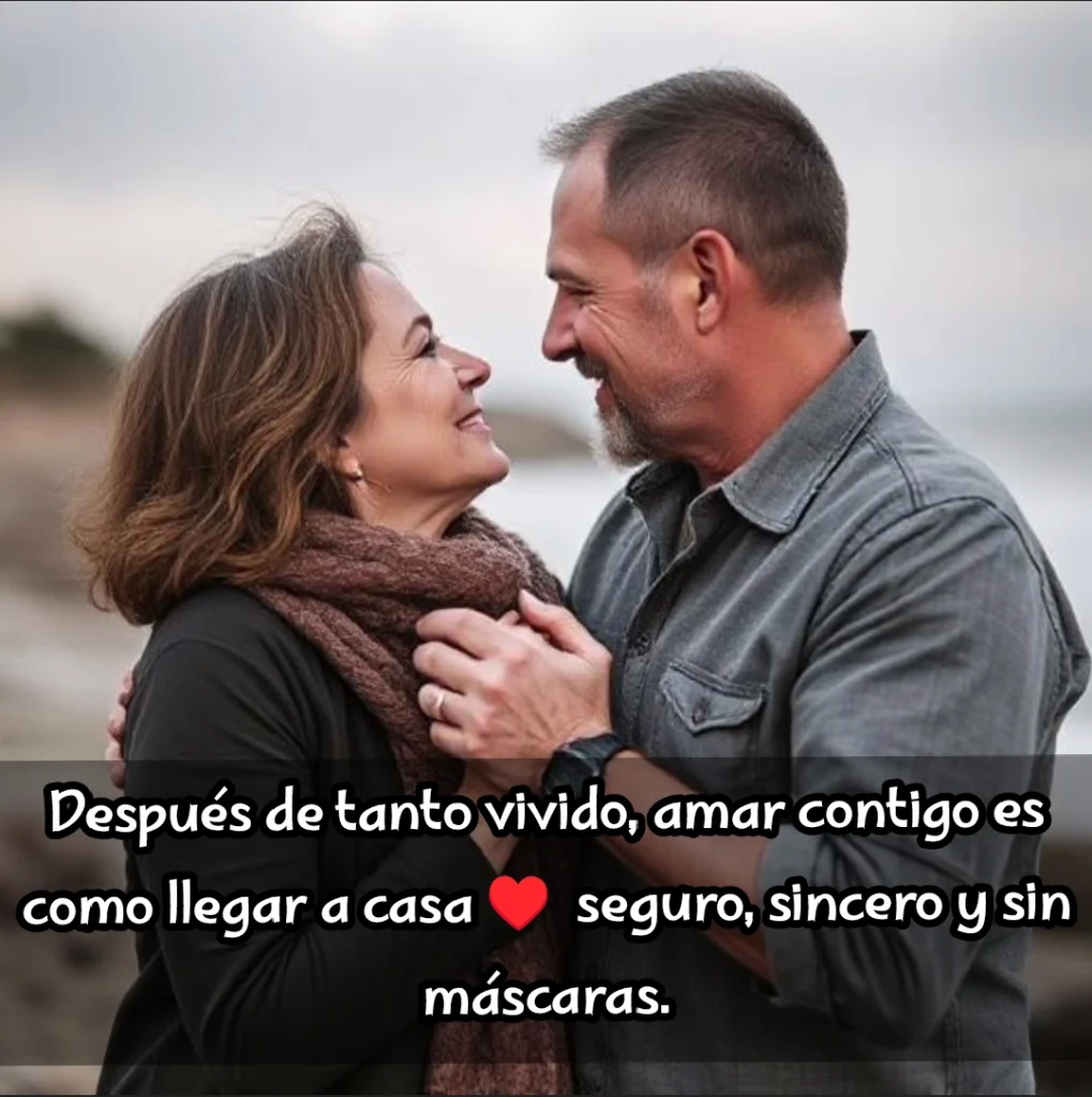 Pareja madura abrazándose y sonriendo en la playa, simbolizando el amor verdadero después de los 40.