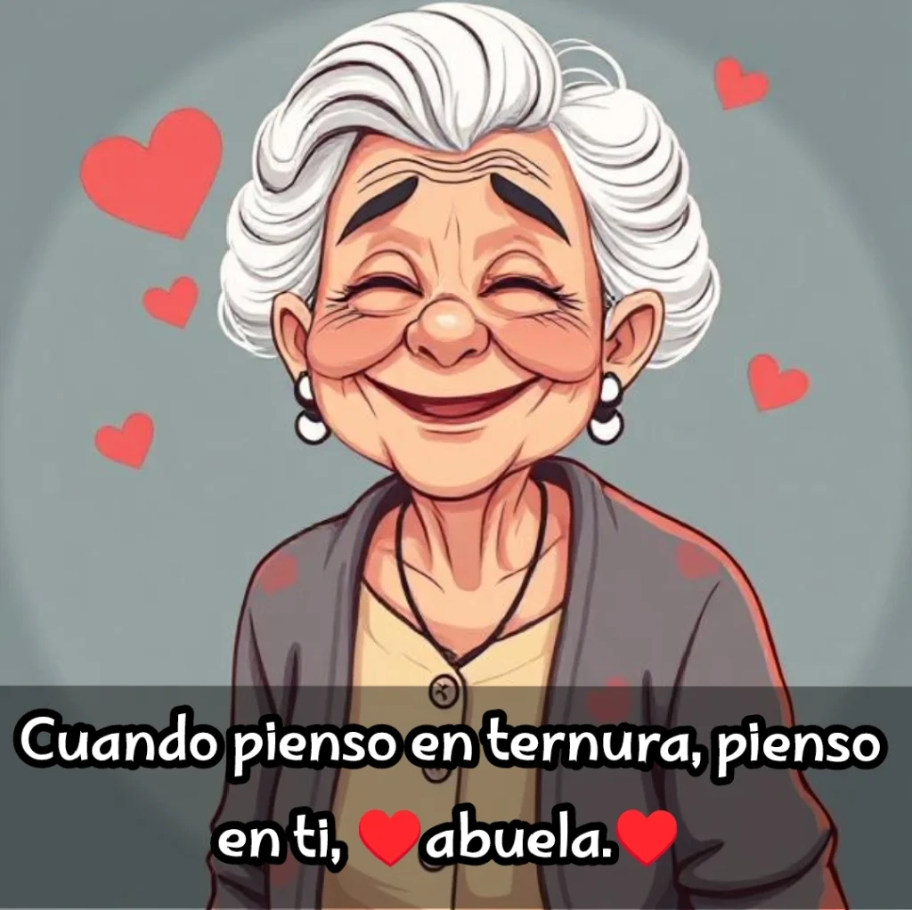 Ilustración de una abuela sonriente con corazones rojos sobre fondo gris, representando ternura.
