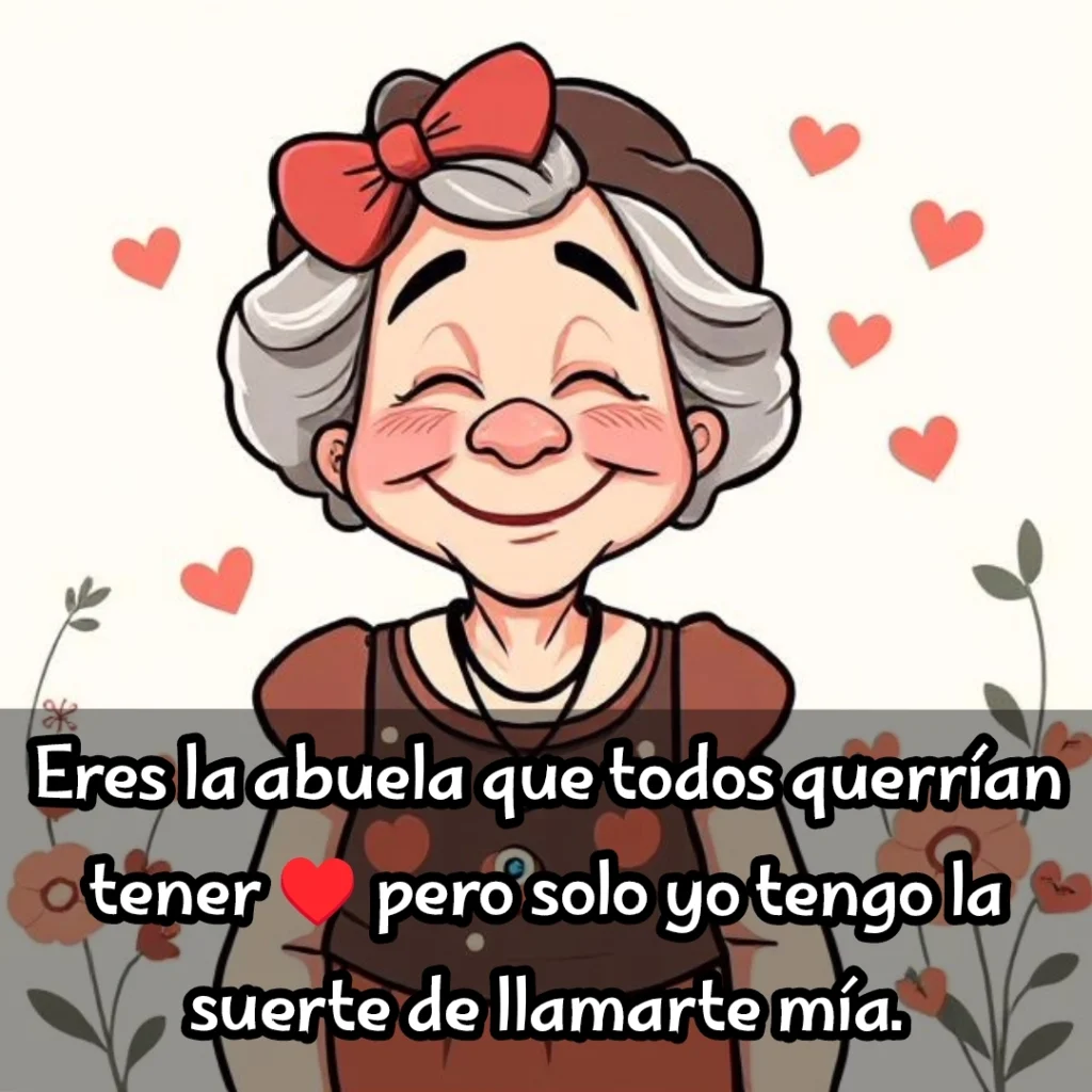 Abuela sonriente con lazo rojo, fondo claro y corazones flotando.