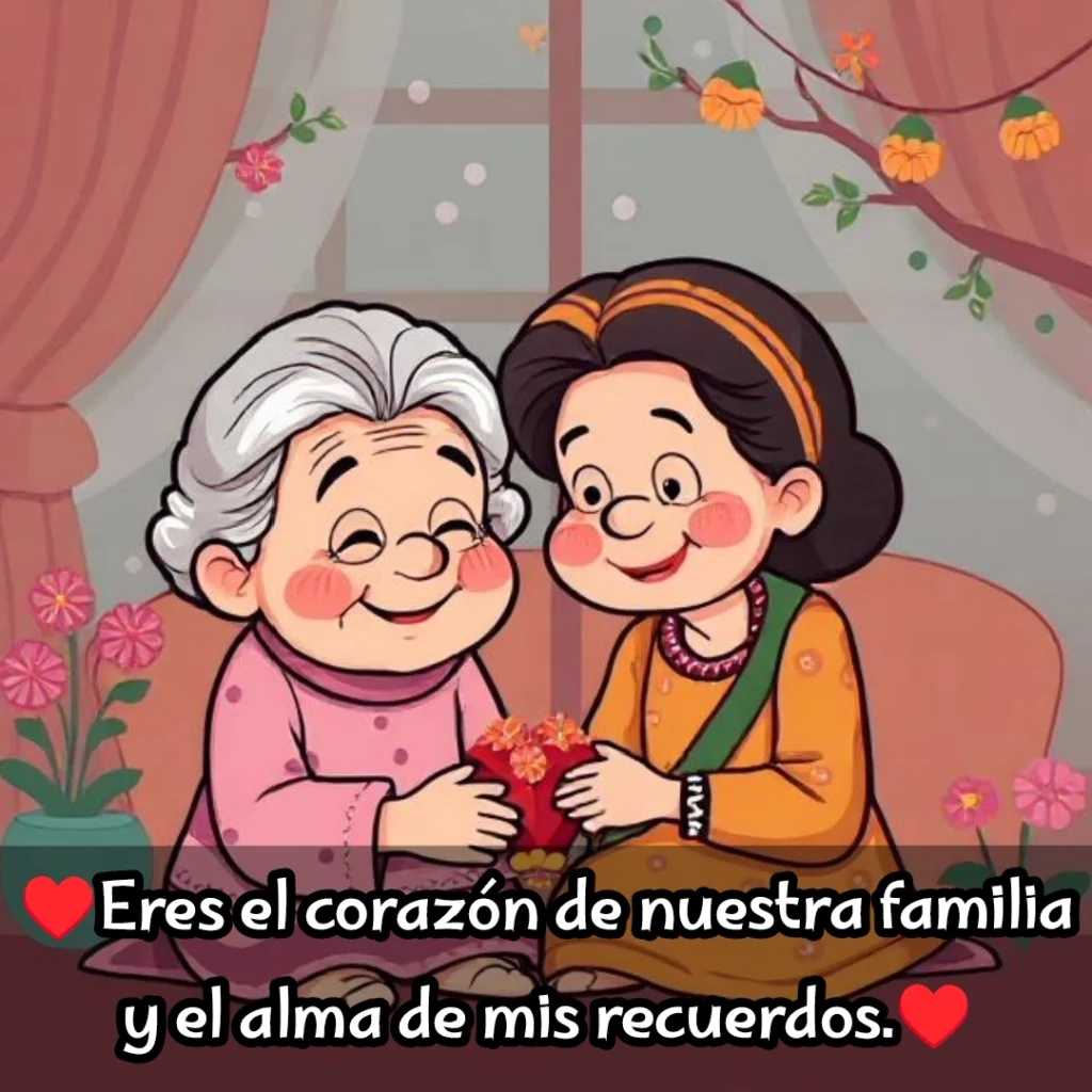 Abuela y nieta sentadas juntas compartiendo un momento especial, con flores decorativas.