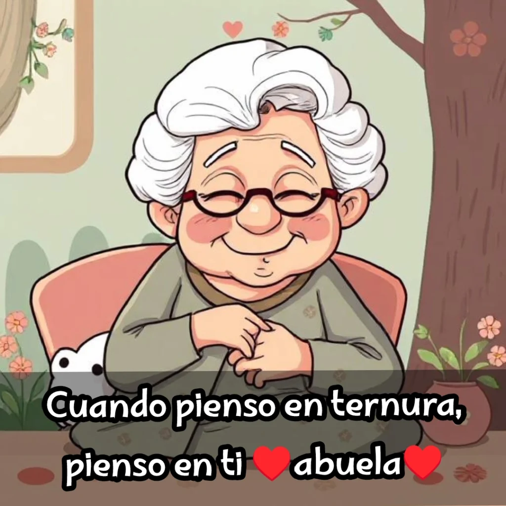 Abuela con gafas sentada bajo un árbol, rodeada de flores y corazones, sonriendo con dulzura.