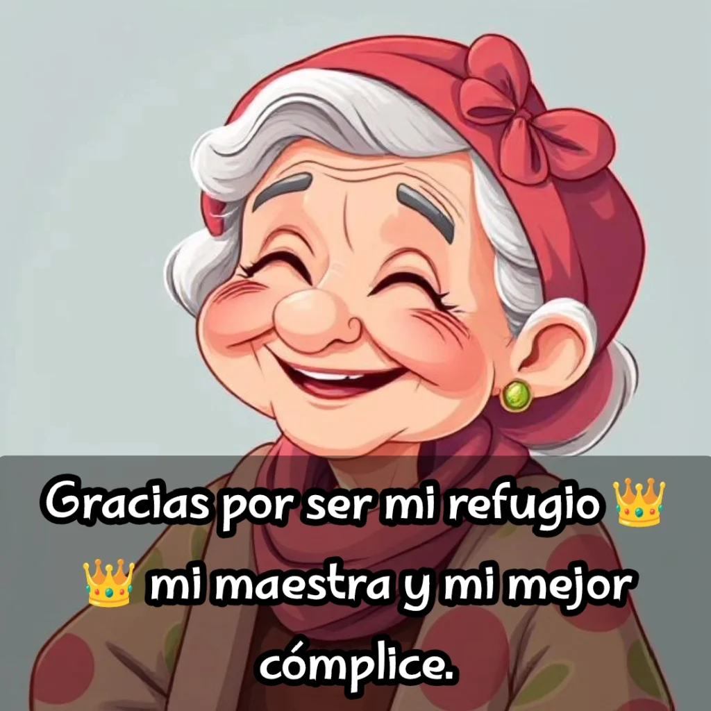 Abuela sonriente con pañuelo rojo, expresión feliz y entrañable.