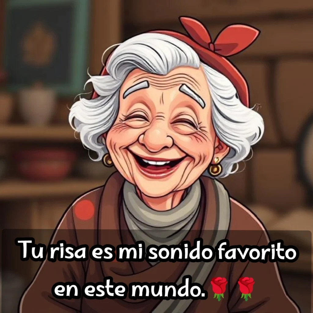 Abuela feliz con lazo rojo y expresión de risa, fondo hogareño.