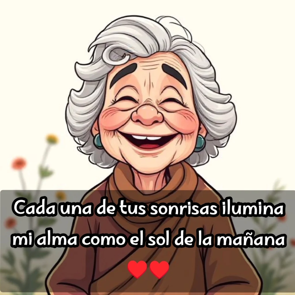 Abuela mayor sonriendo con dulzura, fondo claro y flores suaves en segundo plano.