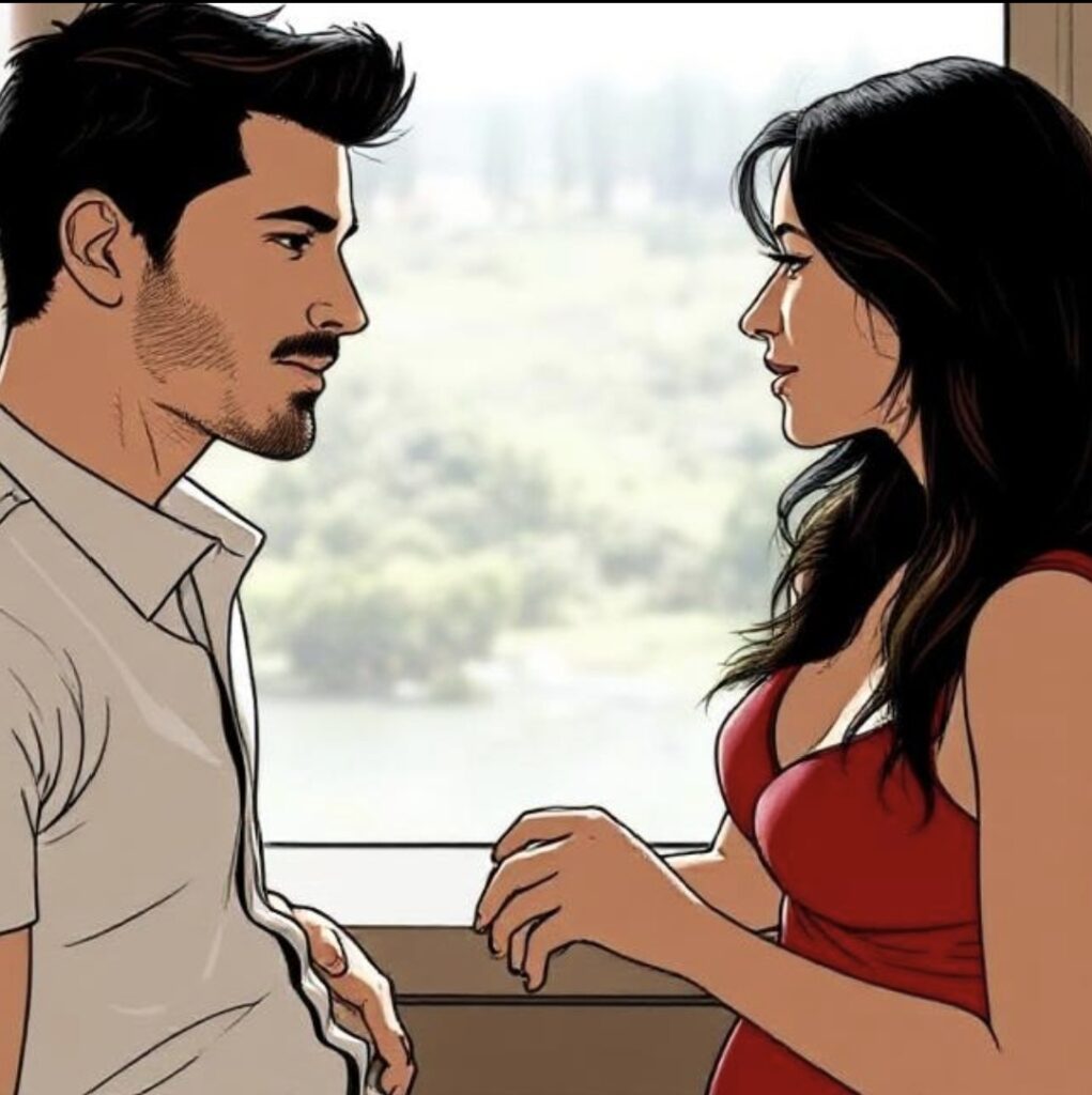 Hombre y mujer teniendo una conversación íntima frente a una ventana.