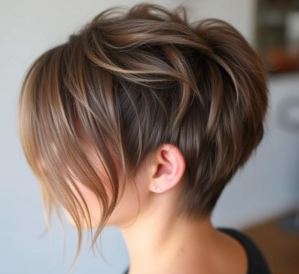 Mujer con corte de pelo pixie en tonos castaños.