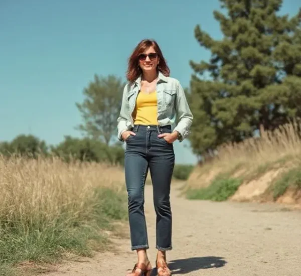 Mujer con chaqueta de mezclilla y pantalón ajustado caminando por un sendero.