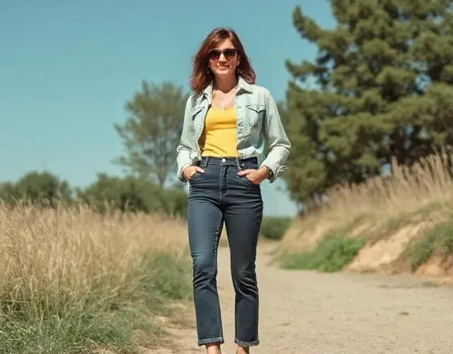 Mujer con chaqueta de mezclilla y pantalón ajustado caminando por un sendero.