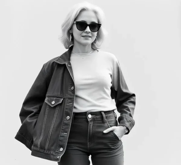 Mujer mayor con estilo vistiendo jeans y chaqueta, mostrando consejos de moda para mayores de 60 años.