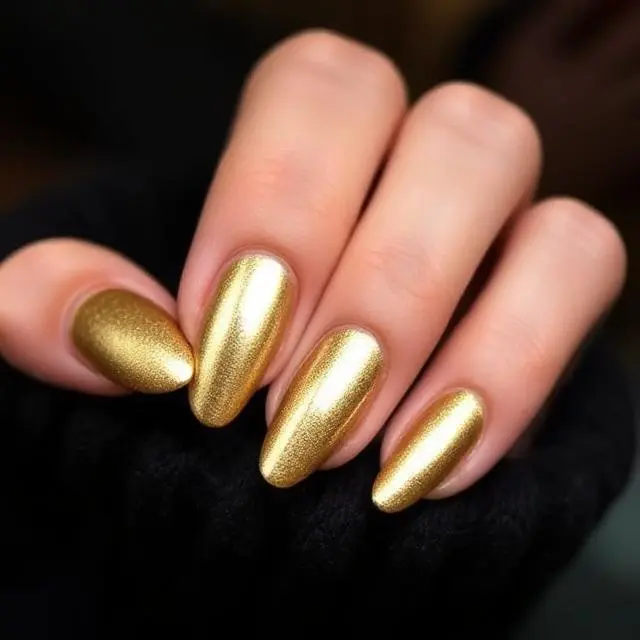 Uñas doradas con esmalte metálico brillante. Manicura elegante y sofisticada.