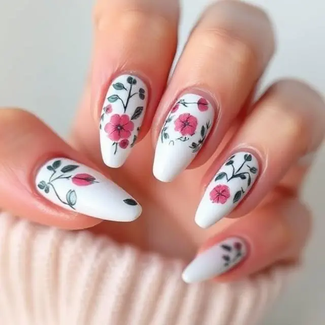 Uñas blancas decoradas con flores rosas y hojas verdes. Diseño de manicura natural y delicado.