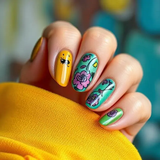 Manicura con tonos amarillo, verde y azul, decorada con flores y una abeja.