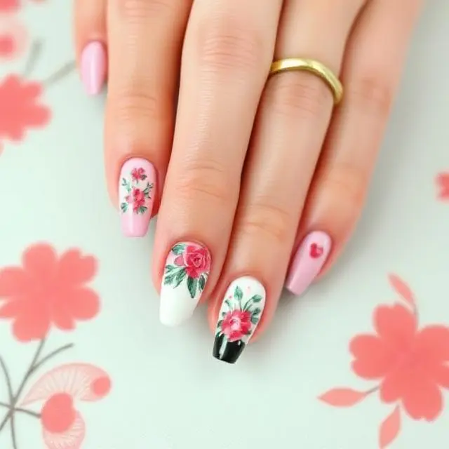 Manicura con flores en tonos rosas sobre fondo blanco y negro. Uñas elegantes y románticas.