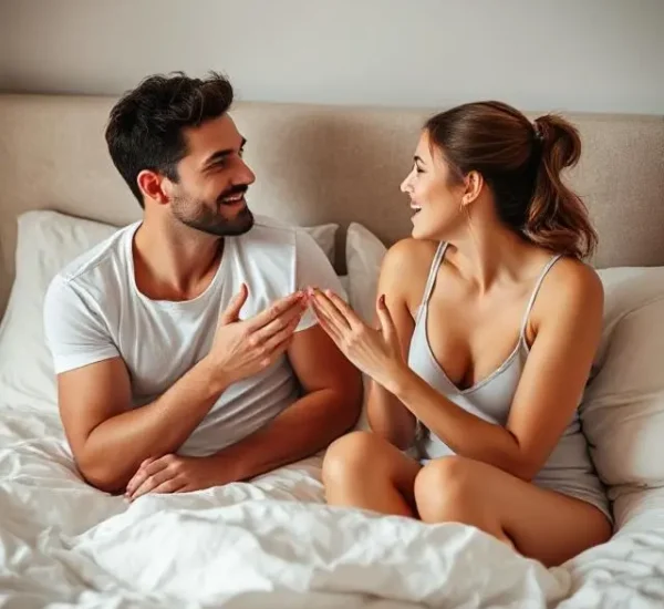 Pareja feliz en la cama después de superar la eyaculación precoz con tratamiento natural