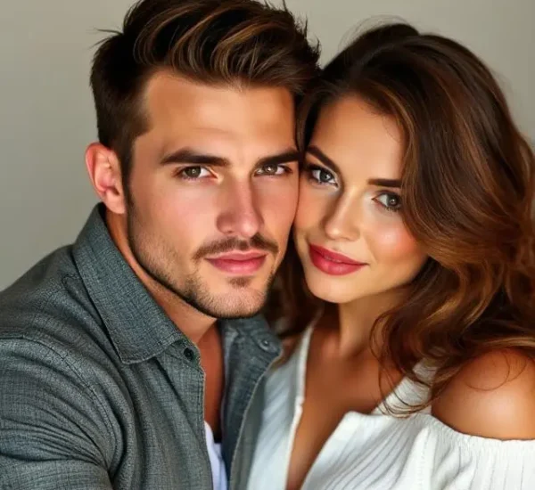 Hombre atractivo con barba ligera y cabello peinado, acompañado de una mujer de cabello largo y ondulado, ambos luciendo seguros y sonrientes.