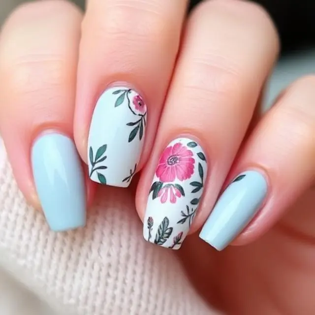 Diseño de uñas en azul pastel con detalles florales pintados a mano.