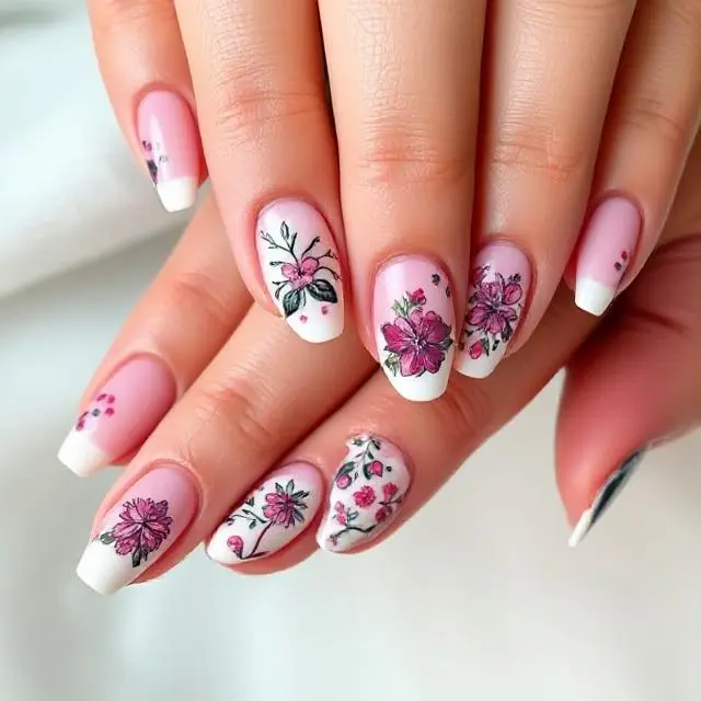 Diseño de uñas 2025 con esmalte amarillo, detalles dorados y arte floral pintado a mano.