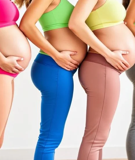 Tres mujeres embarazadas en ropa de colores, mostrando su panza de perfil