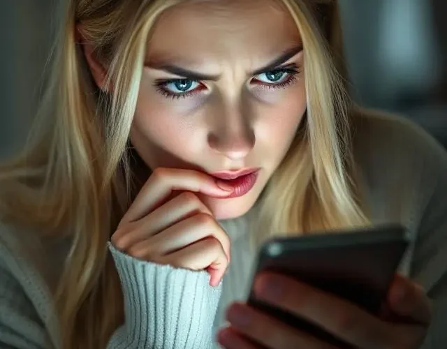 Mujer mirando preocupada su celular tras recibir mensaje de su ex novio.