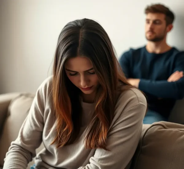 Pareja distanciada emocionalmente sentada en el sofá tras una discusión