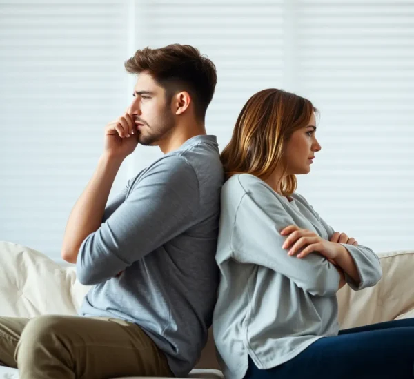Pareja sentada de espaldas en el sofá después de una discusión amorosa