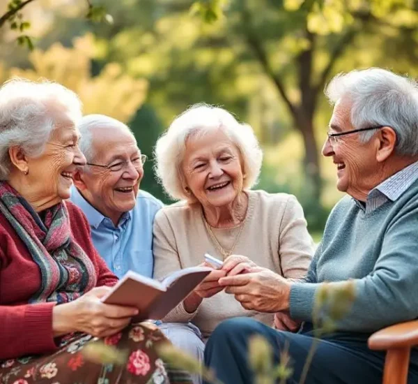 Personas mayores disfrutando juntas al aire libre, compartiendo risas y momentos felices.