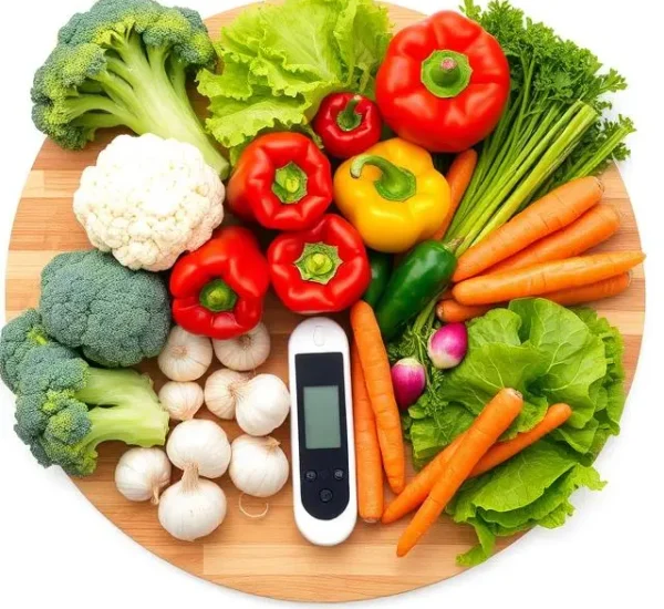 Fresh vegetables and glucose meter on wooden tray for diabetic-friendly diet.