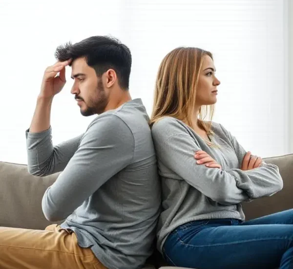 Pareja sentada de espaldas con expresiones de enojo y tristeza, simbolizando una ruptura amorosa reciente.