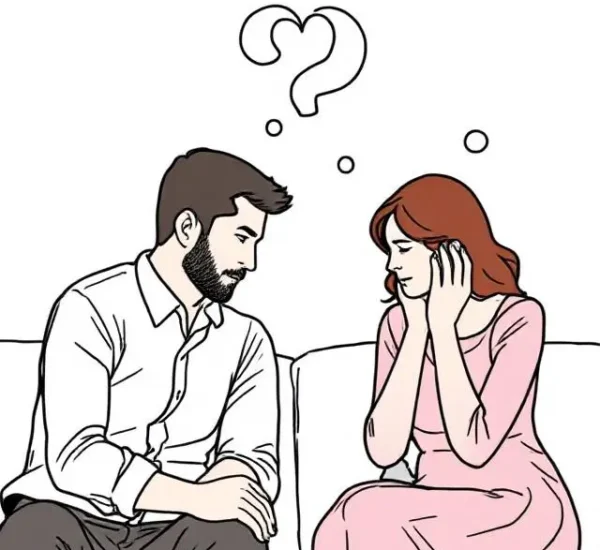 Ilustración de pareja sentada en el sofá con expresión preocupada, reflejando problemas de autoestima en la relación.