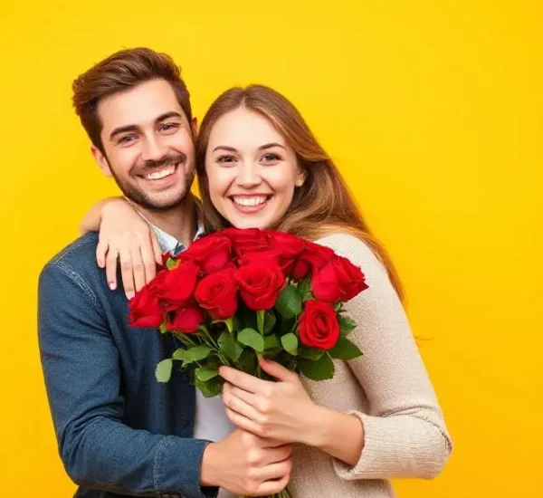 Pareja feliz abrazándose mientras sostienen un ramo de rosas rojas — ideal para ilustrar Como hacer para que mi ex novio me extrañe.