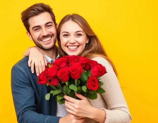 Pareja feliz abrazándose mientras sostienen un ramo de rosas rojas — ideal para ilustrar Como hacer para que mi ex novio me extrañe.