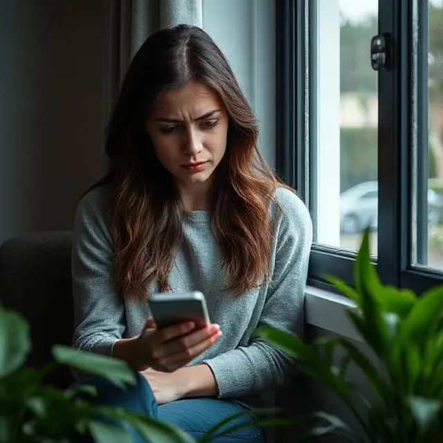 Mujer pensativa mirando su celular tras recibir mensaje de su ex novio.