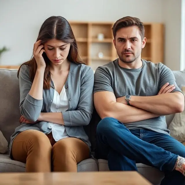 Pareja sentada en el sofá con expresiones de conflicto y emociones encontradas, representando una relación con un ex.