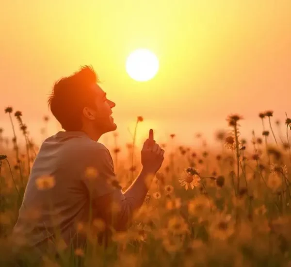 Hombre joven contemplando el atardecer en medio de un campo florido, buscando una vida más feliz