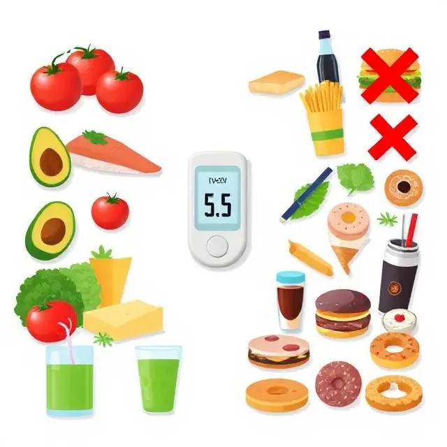 Lista visual de alimentos recomendados y prohibidos para controlar el azúcar en sangre.