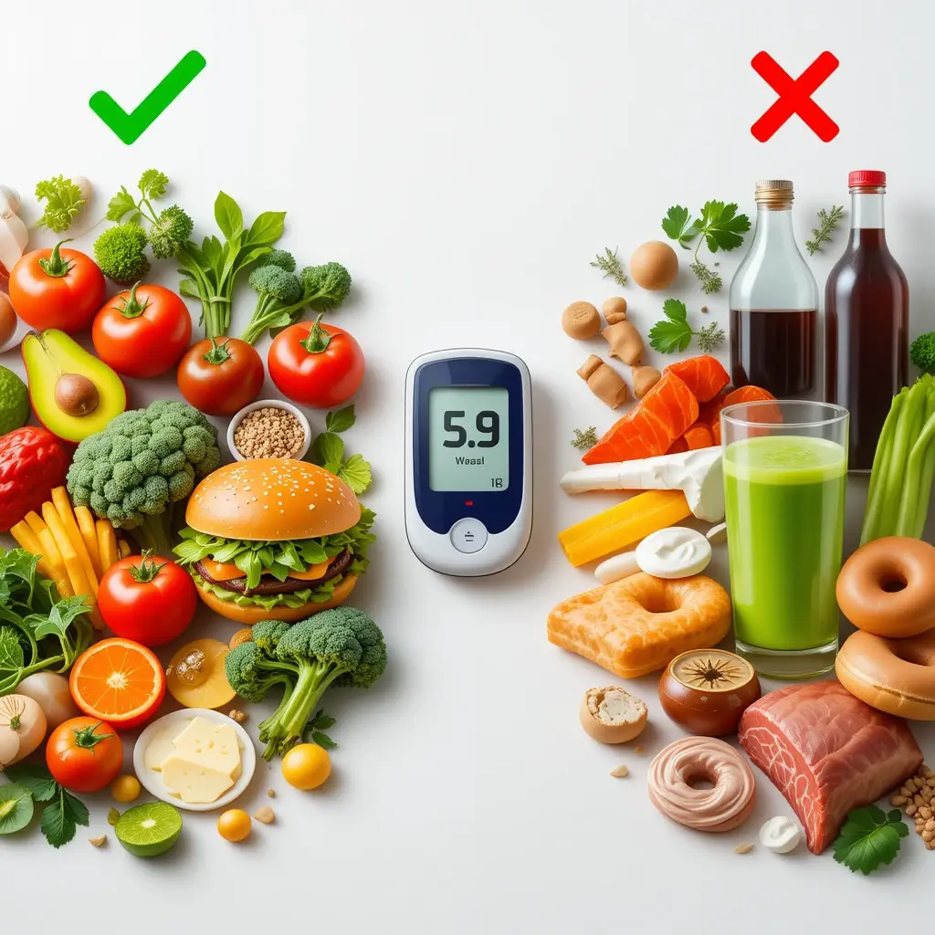 Comparación de alimentos saludables y no recomendados para diabéticos con medidor de glucosa al centro.