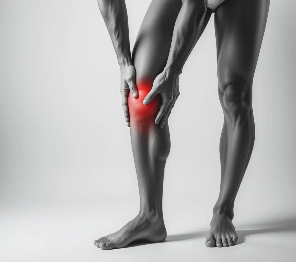 Hombre tocándose la rodilla con dolor, señal de calambres o lesión muscular.