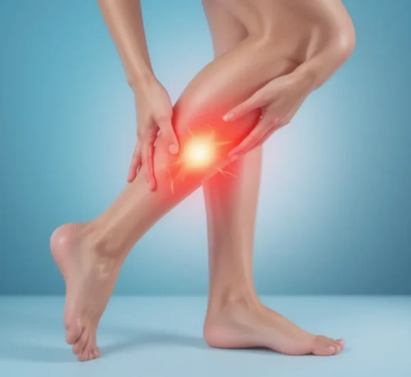 Mujer con dolor en la pantorrilla causado por calambre muscular.