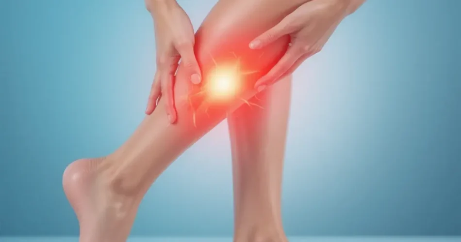 Mujer con dolor en la pantorrilla causado por calambre muscular.