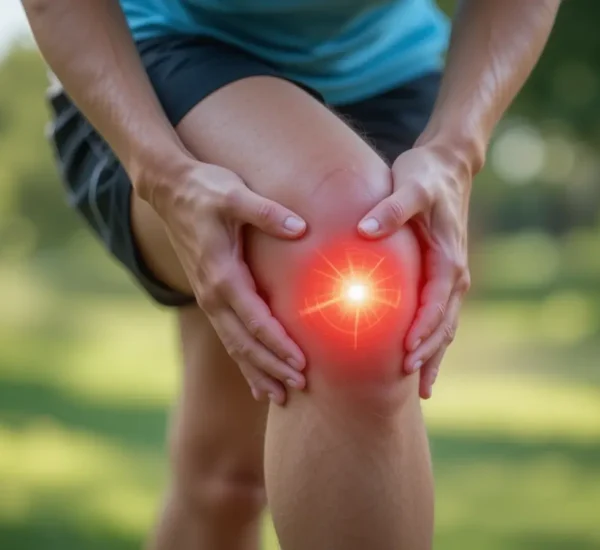 Persona sujetándose la rodilla con dolor visible, señal de inflamación o lesión articular.