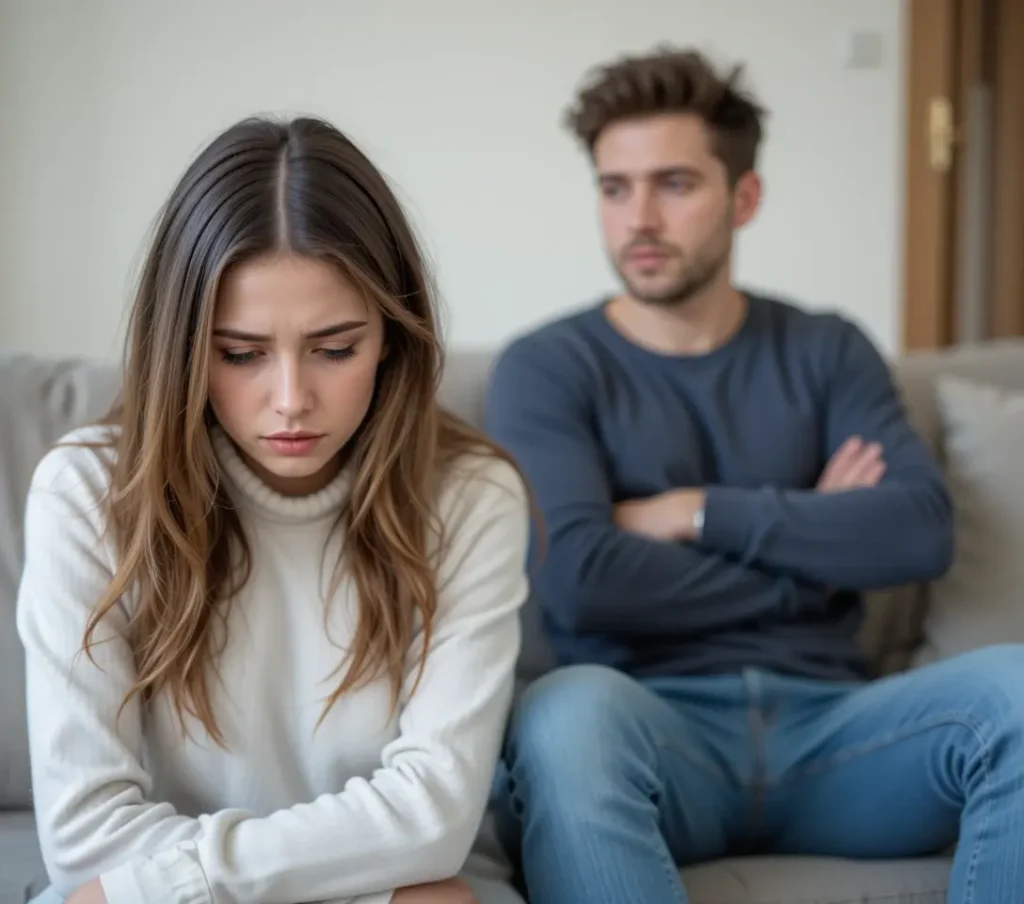 Mujer confundida y triste sentada junto a su ex pareja en el sofá, reflejando tensión emocional