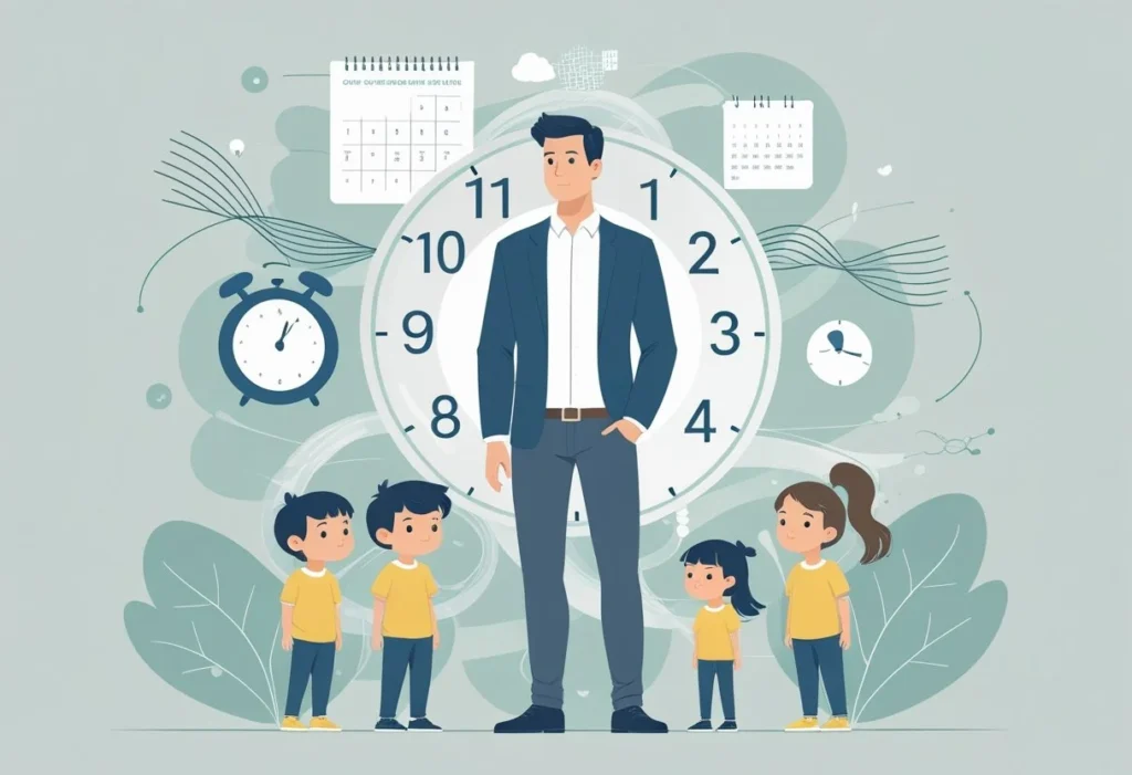 Un hombre rodeado de símbolos que representan niños, relojes y calendarios, mostrando los límites teóricos y prácticos de cuántos hijos puede tener en un año.