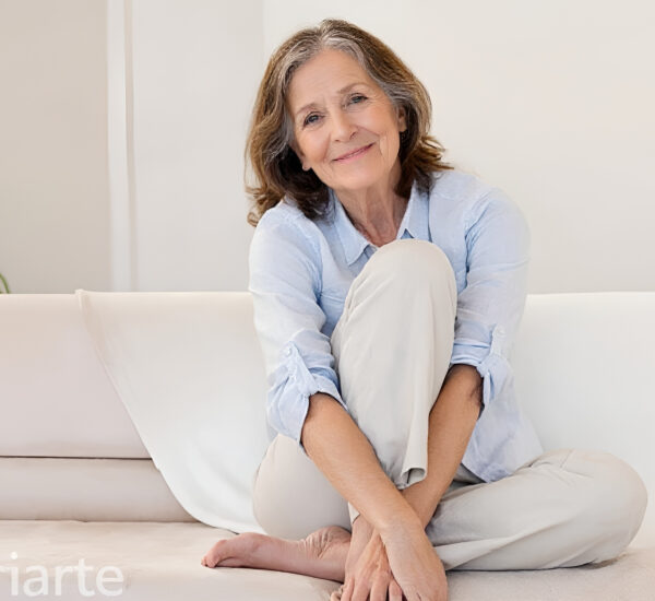 Retrato de una mujer madura sonriente que refleja elegancia, confianza y serenidad